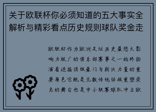 关于欧联杯你必须知道的五大事实全解析与精彩看点历史规则球队奖金走势